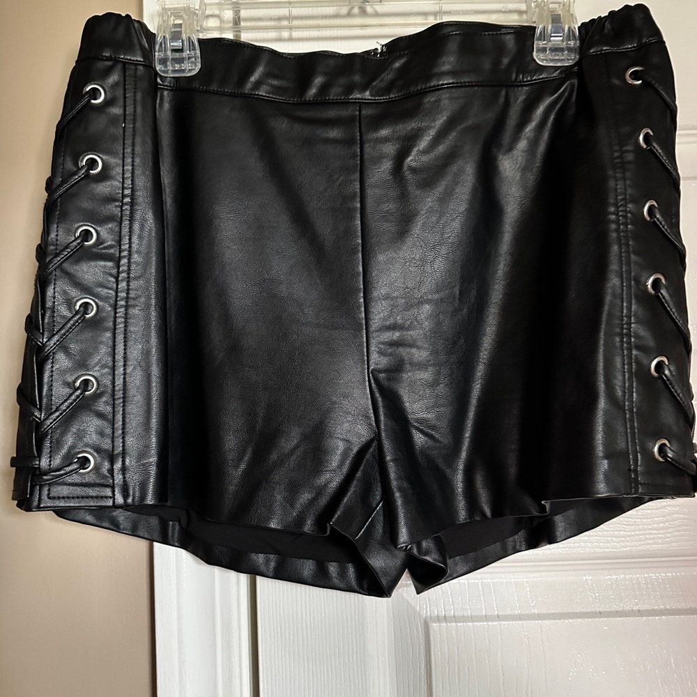 Black Faux Leather Lace-Up Shorts